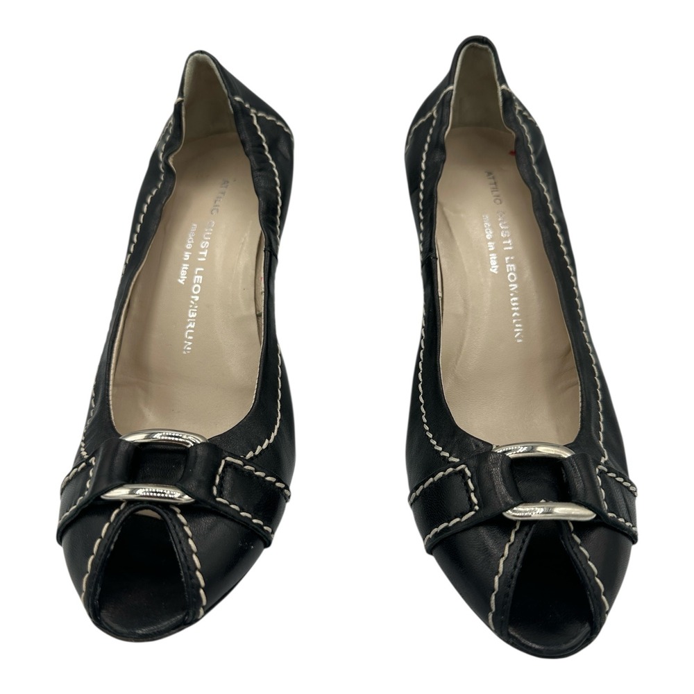 Attilio Giusti‎ Leombruni Black Leather Peep Toe Heels Womens Size 8 Italy